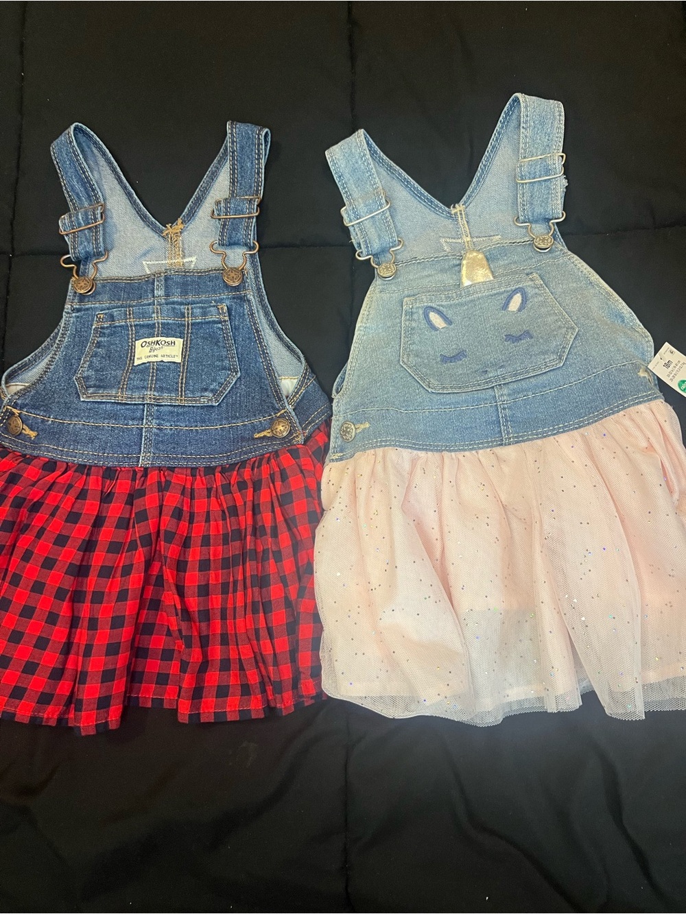 Bundle (2) Toddler OshKosh Denim Overall Dresses - Red Plaid & Light Pink Tulle